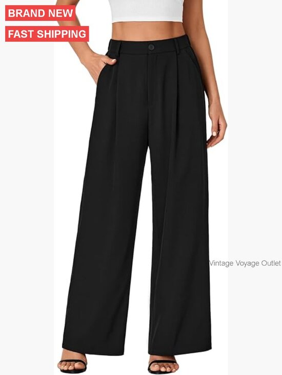 Pants - Wide Leg Work Pants High Waist Elastic Business Trousers Polyester Stretch